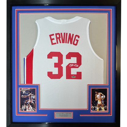 Framed Facsimile Autographed Julius Erving Dr. J 35x39 New York NY White ABA Reprint Laser Auto Basketball Jersey