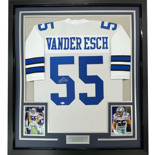 Framed Autographed/Signed Leighton Vander Esch 35x39 Dallas White Football Jersey JSA COA