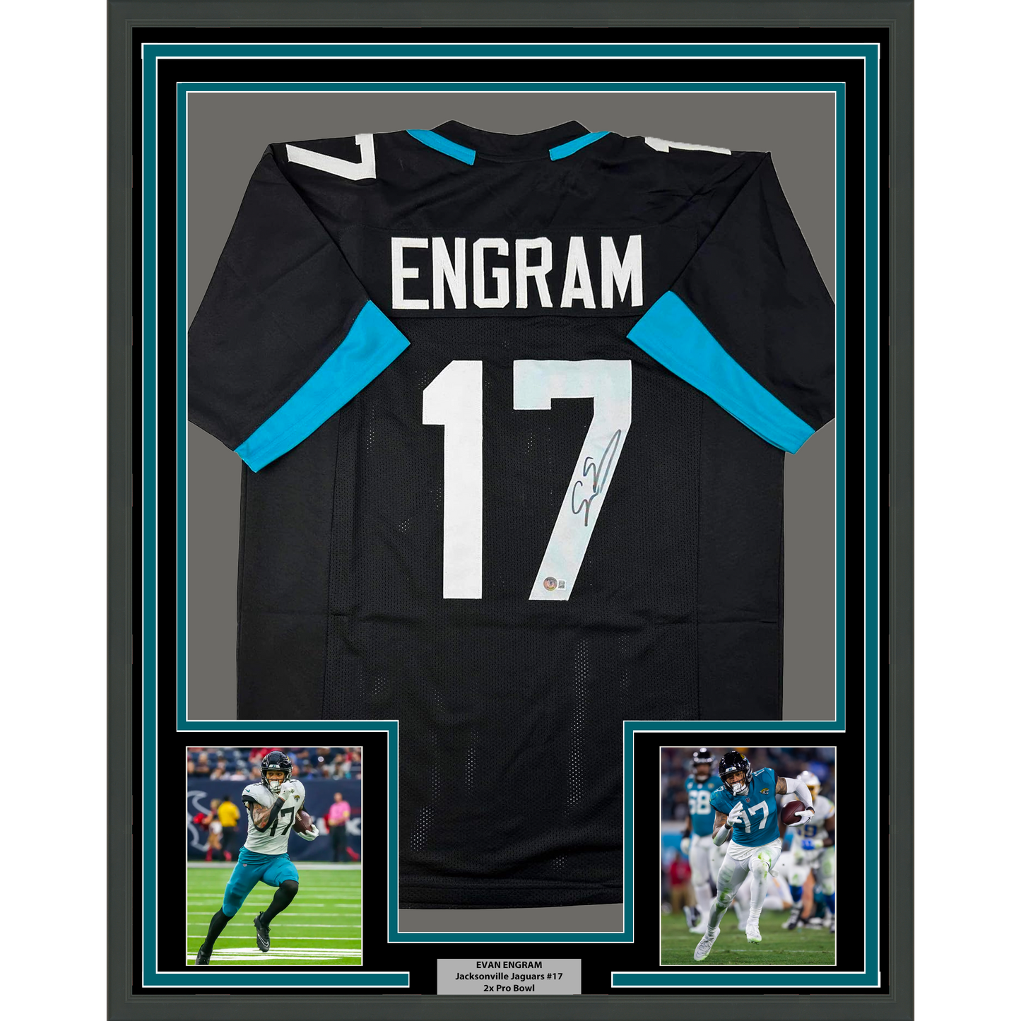 Framed Autographed/Signed Evan Engram 35x39 Jacksonville Black Football Jersey Beckett BAS COA