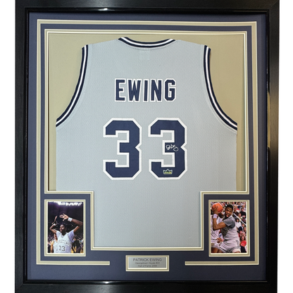 Framed Facsimile Autographed Patrick Ewing 35x39 Georgetown Grey Reprint Laser Auto College Basketball Jersey