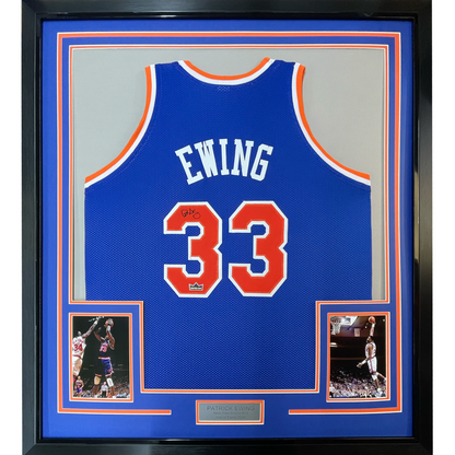 Framed Facsimile Autographed Patrick Ewing 35x39 New York Blue Reprint Laser Auto Basketball Jersey
