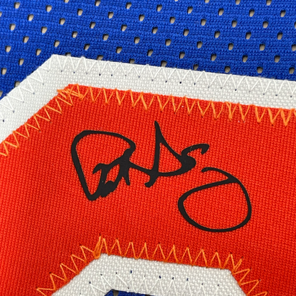 Framed Facsimile Autographed Patrick Ewing 35x39 New York Blue Reprint Laser Auto Basketball Jersey