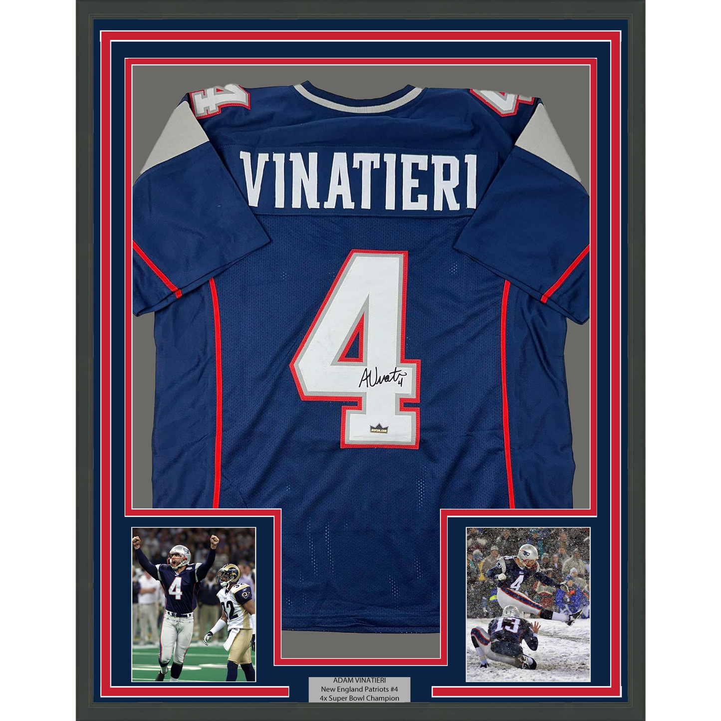 Framed Facsimile Autographed Adam Vinatieri 35x39 New England Blue Reprint Laser Auto Football Jersey