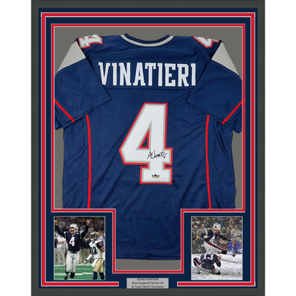 Framed Facsimile Autographed Adam Vinatieri 35x39 New England Blue Reprint Laser Auto Football Jersey