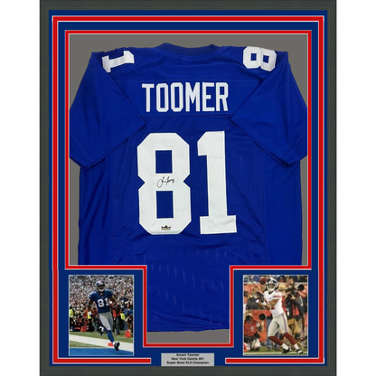 Framed Facsimile Autographed Amani Toomer 35x39 New York Blue Reprint Laser Auto Football Jersey