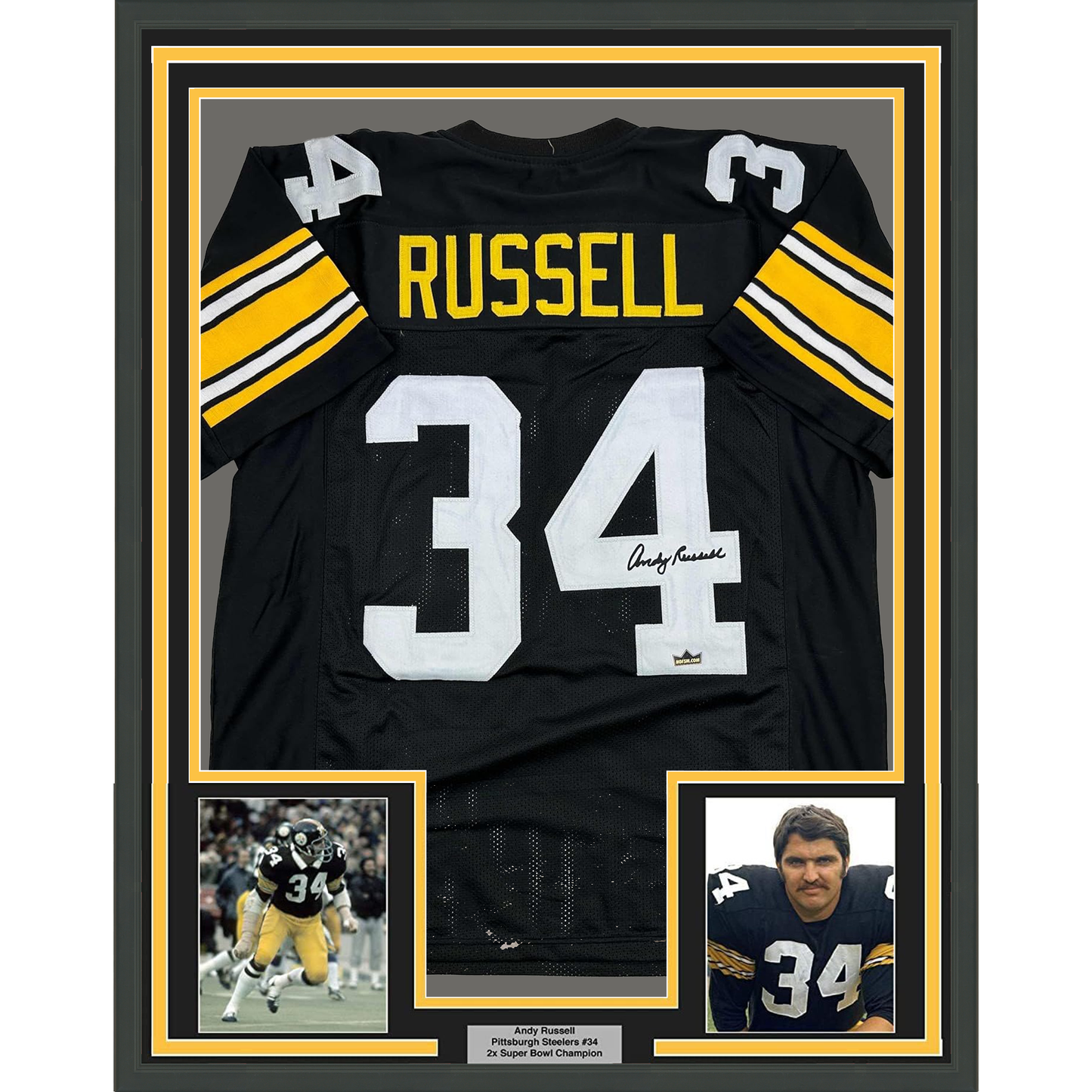 Framed Facsimile Autographed Andy Russell 35x39 Pittsburgh Black Reprint Laser Auto Football Jersey