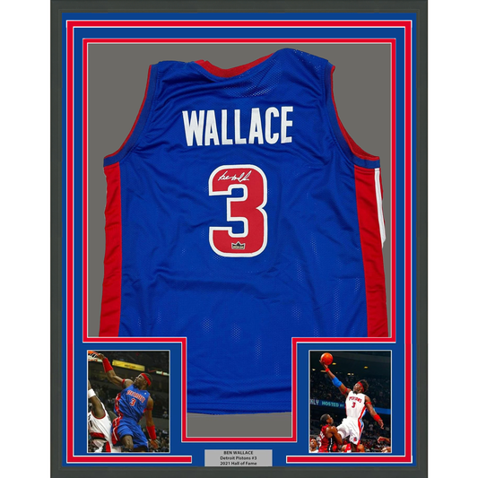 Framed Facsimile Autographed Ben Wallace 35x39 Detroit Blue Reprint Laser Auto Basketball Jersey