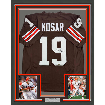 Framed Facsimile Autographed Bernie Kosar 35x39 Cleveland Brown Reprint Laser Auto Football Jersey