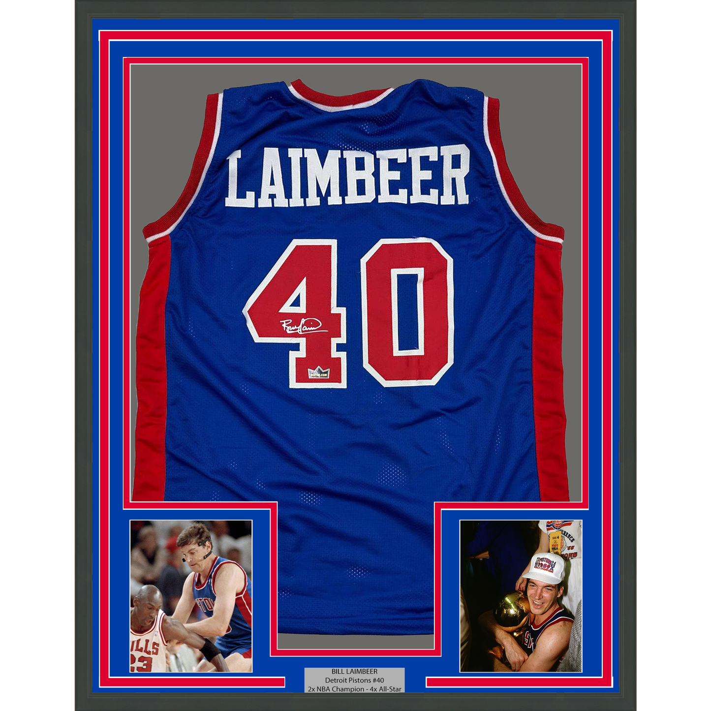 Framed Facsimile Autographed Bill Laimbeer 35x39 Detroit Blue Reprint Laser Auto Basketball Jersey