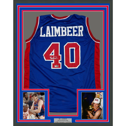 Framed Facsimile Autographed Bill Laimbeer 35x39 Detroit Blue Reprint Laser Auto Basketball Jersey