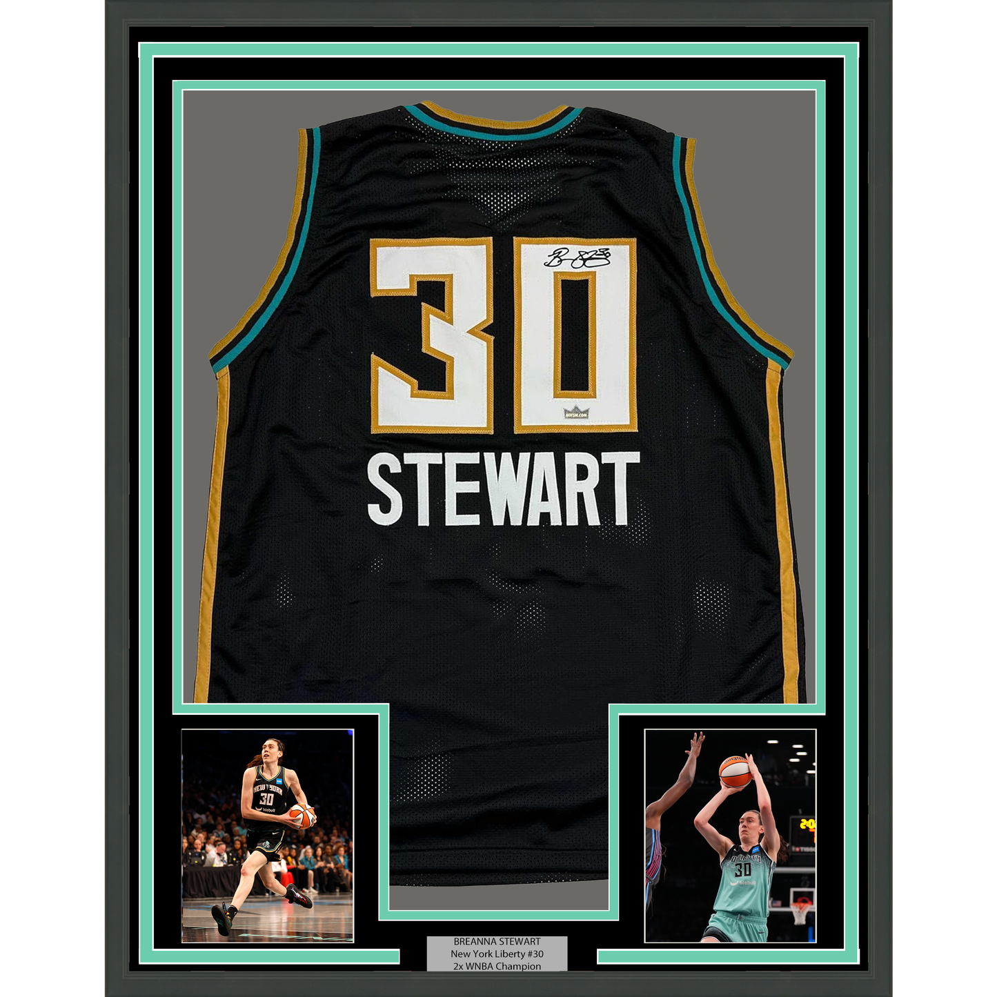 Framed Facsimile Autographed Breanna Stewart 35x39 New York Black Reprint Laser Auto Basketball Jersey