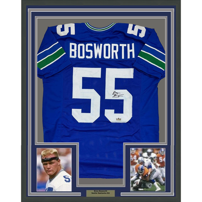 Framed Facsimile Autographed Brian Bosworth 35x39 Seattle Blue Reprint Laser Auto Football Jersey