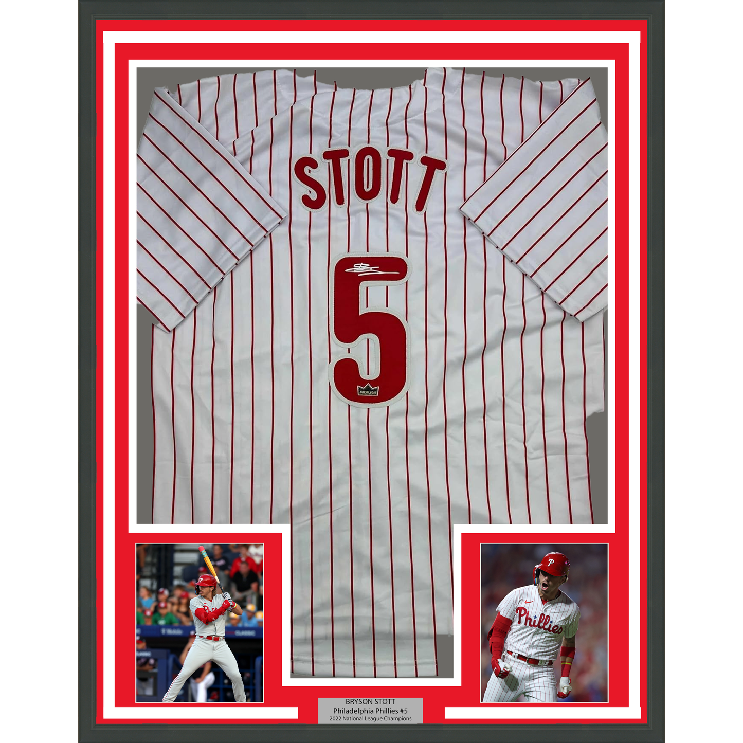Framed Facsimile Autographed Bryson Stott 35x39 Philadelphia Pinstripe Reprint Laser Auto Baseball Jersey