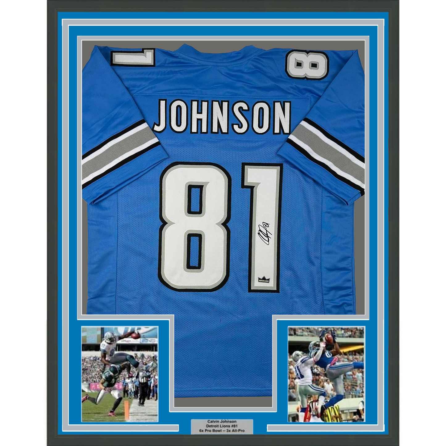 Framed Facsimile Autographed Calvin Johnson 35x39 Detroit Blue Reprint Laser Auto Football Jersey