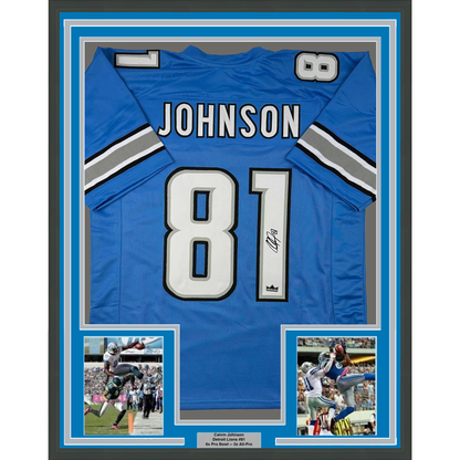 Framed Facsimile Autographed Calvin Johnson 35x39 Detroit Blue Reprint Laser Auto Football Jersey