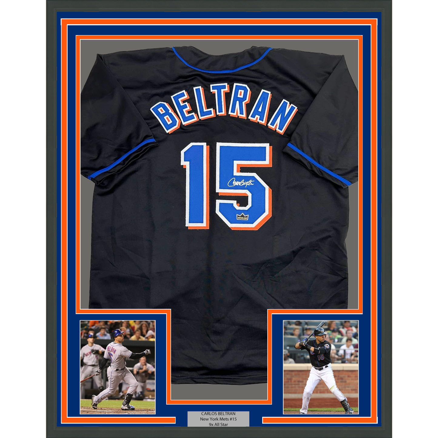 Framed Facsimile Autographed Carlos Beltran 35x39 New York Black Reprint Laser Auto Baseball Jersey
