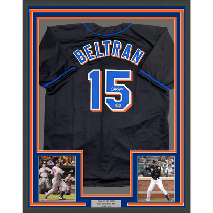 Framed Facsimile Autographed Carlos Beltran 35x39 New York Black Reprint Laser Auto Baseball Jersey