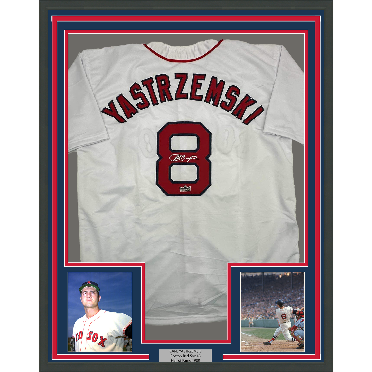 Framed Facsimile Autographed Carl Yastrzemski 35x39 Boston White Reprint Laser Auto Baseball Jersey