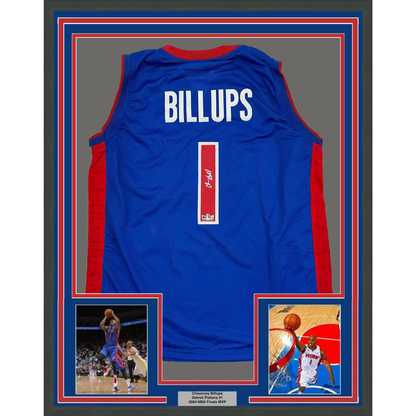 Framed Facsimile Autographed Chauncey Billups 35x39 Detroit Blue Reprint Laser Auto Basketball Jersey