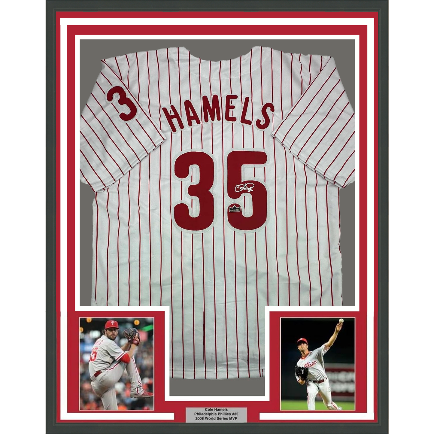 Framed Facsimile Autographed Cole Hamels 35x39 Philadelphia Pinstripe Reprint Laser Auto Baseball Jersey