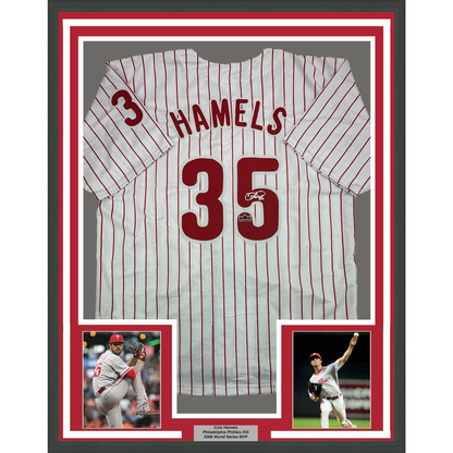 Framed Facsimile Autographed Cole Hamels 35x39 Philadelphia Pinstripe Reprint Laser Auto Baseball Jersey