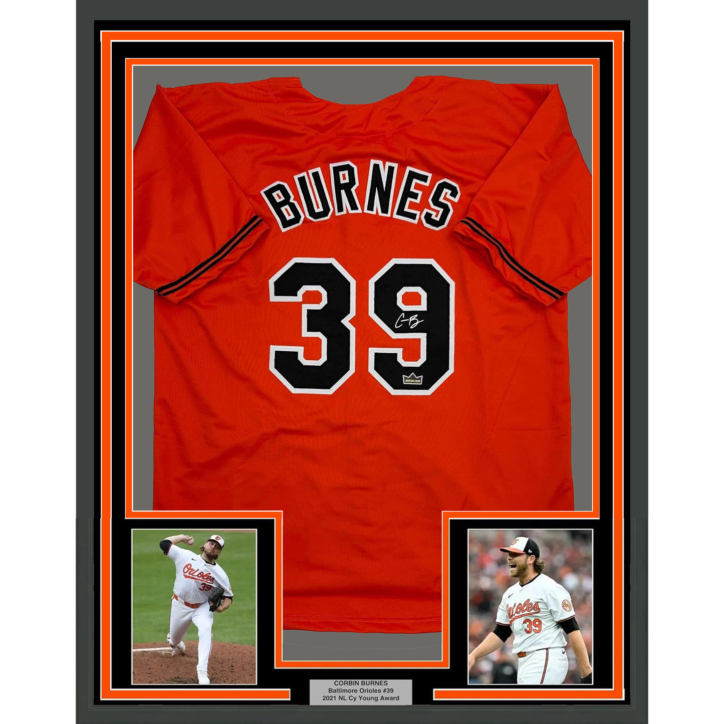 Framed Facsimile Autographed Corbin Burnes 35x39 Baltimore Orange Reprint Laser Auto Baseball Jersey
