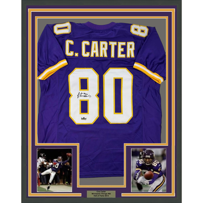 Framed Facsimile Autographed Cris Carter 35x39 Minnesota Purple Reprint Laser Auto Football Jersey