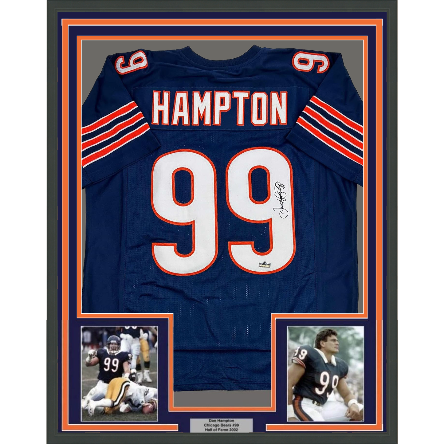 Framed Facsimile Autographed Dan Hampton 35x39 Chicago Blue Reprint Laser Auto Football Jersey