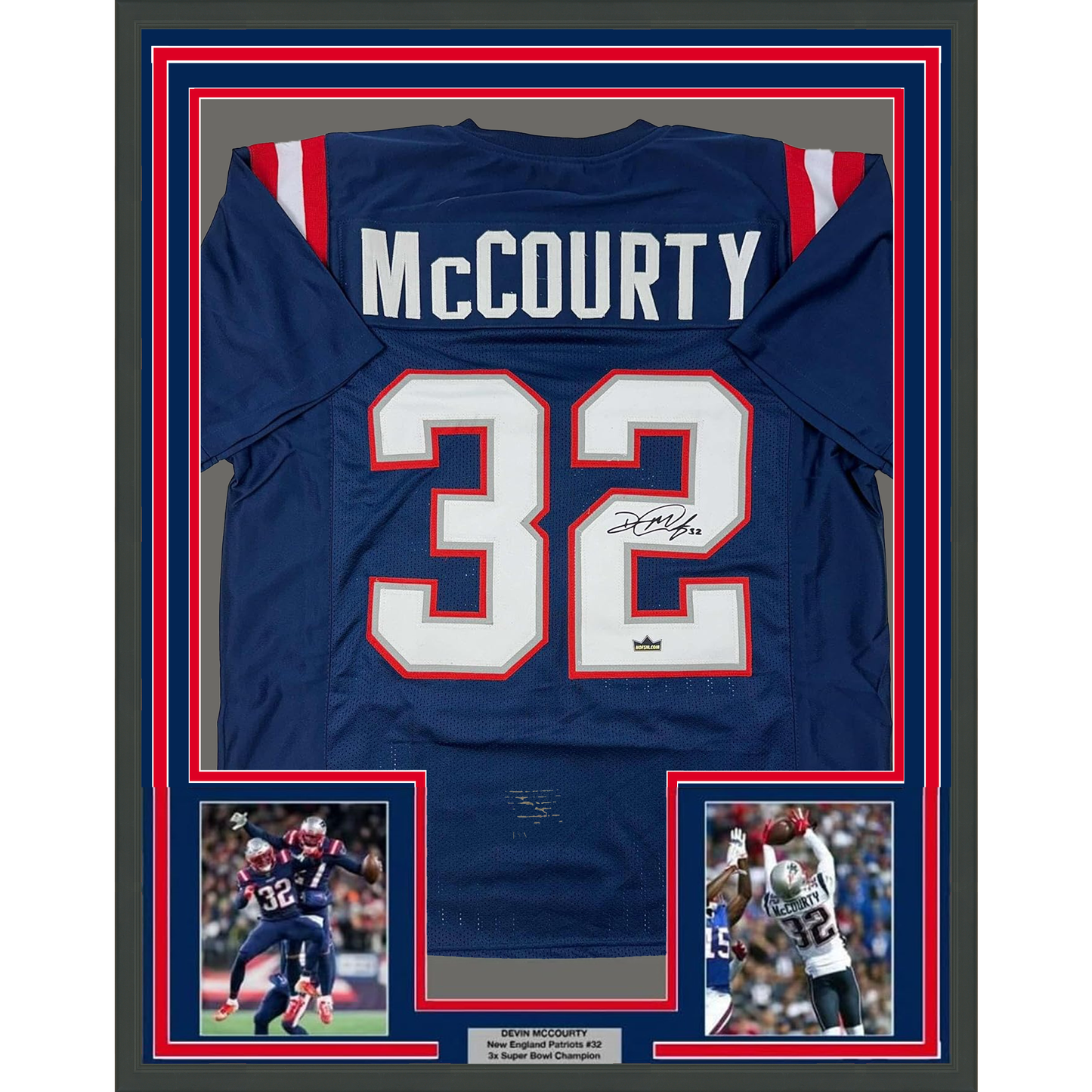 Framed Facsimile Autographed Devin McCourty 35x39 New England Blue Reprint Laser Auto Football Jersey