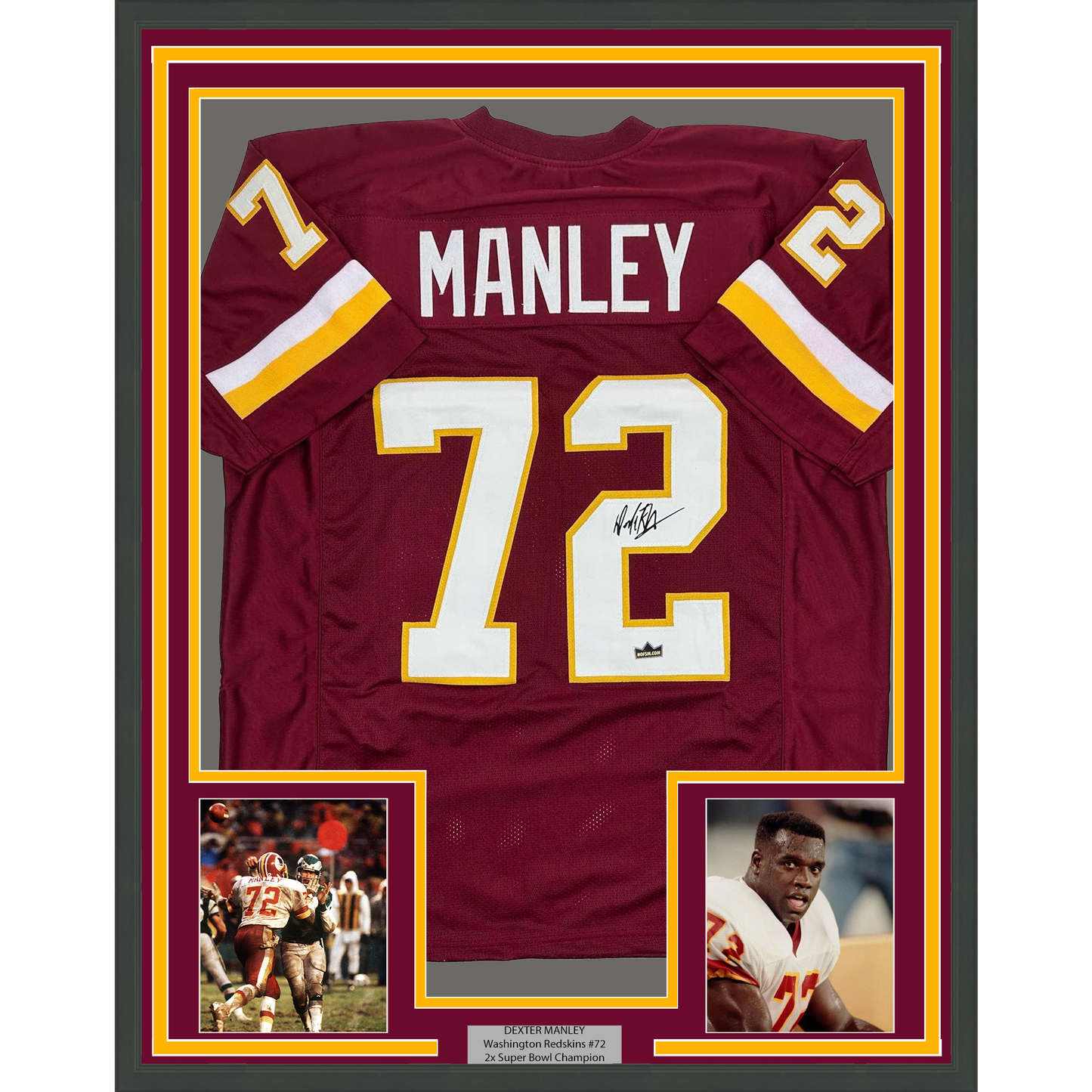 Framed Facsimile Autographed Dexter Manley 35x39 Washington Red Reprint Laser Auto Football Jersey