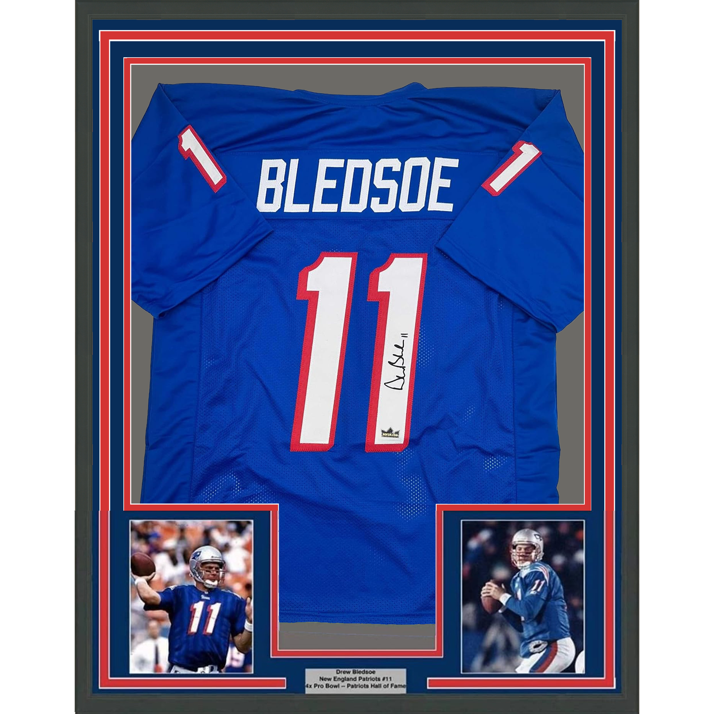Framed Facsimile Autographed Drew Bledsoe 35x39 New England Blue Reprint Laser Auto Football Jersey