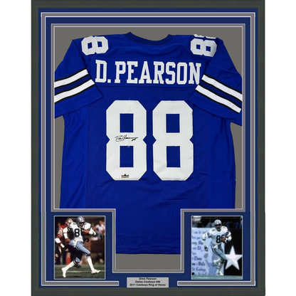 Framed Facsimile Autographed Drew Pearson 35x39 Dallas Blue Reprint Laser Auto Football Jersey