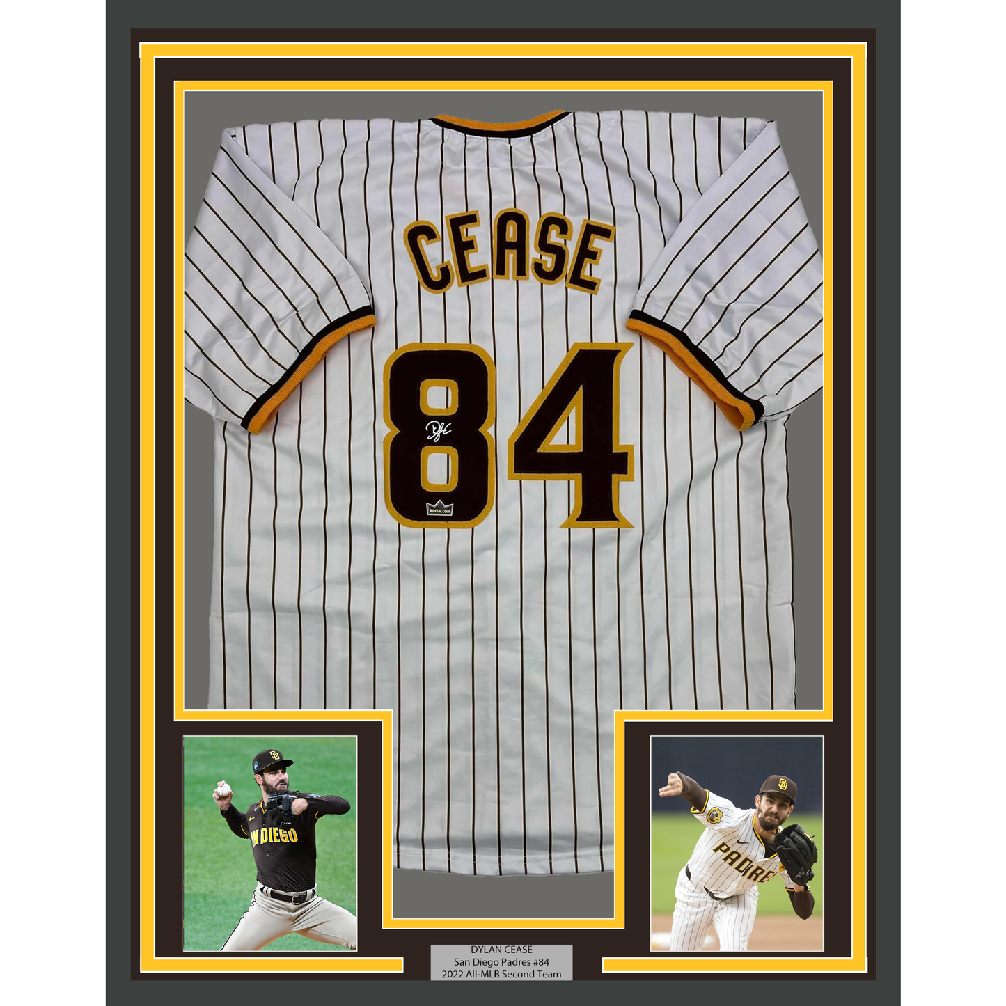 Framed Facsimile Autographed Dylan Cease 35x39 San Diego Pinstripe Reprint Laser Auto Baseball Jersey