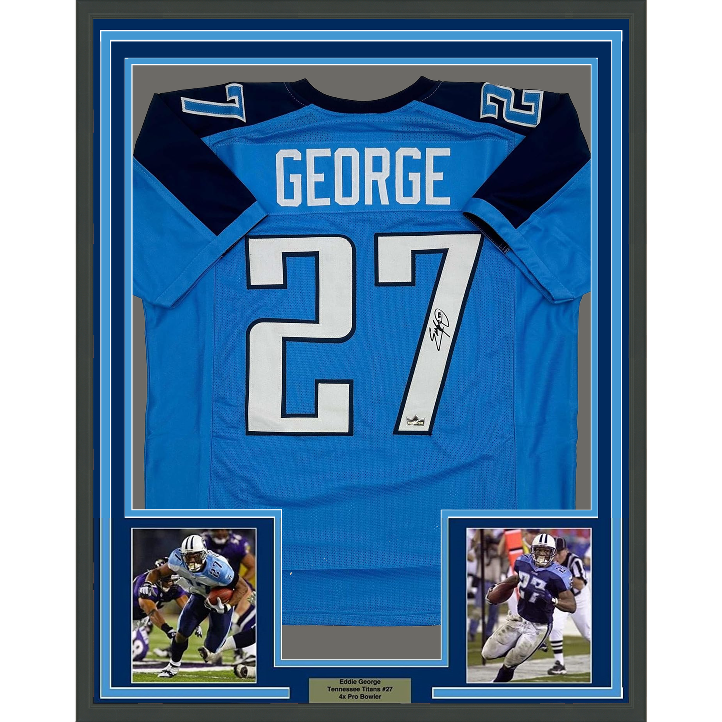 Framed Facsimile Autographed Eddie George 35x39 Tennessee Blue Reprint Laser Auto Football Jersey