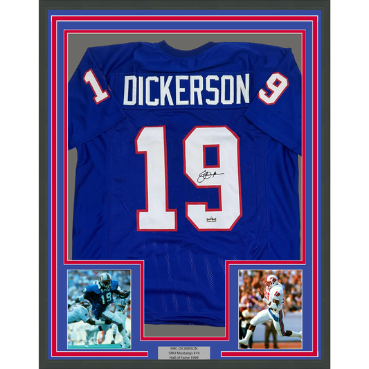 Framed Facsimile Autographed Eric Dickerson 35x39 SMU Blue Reprint Laser Auto College Football Jersey