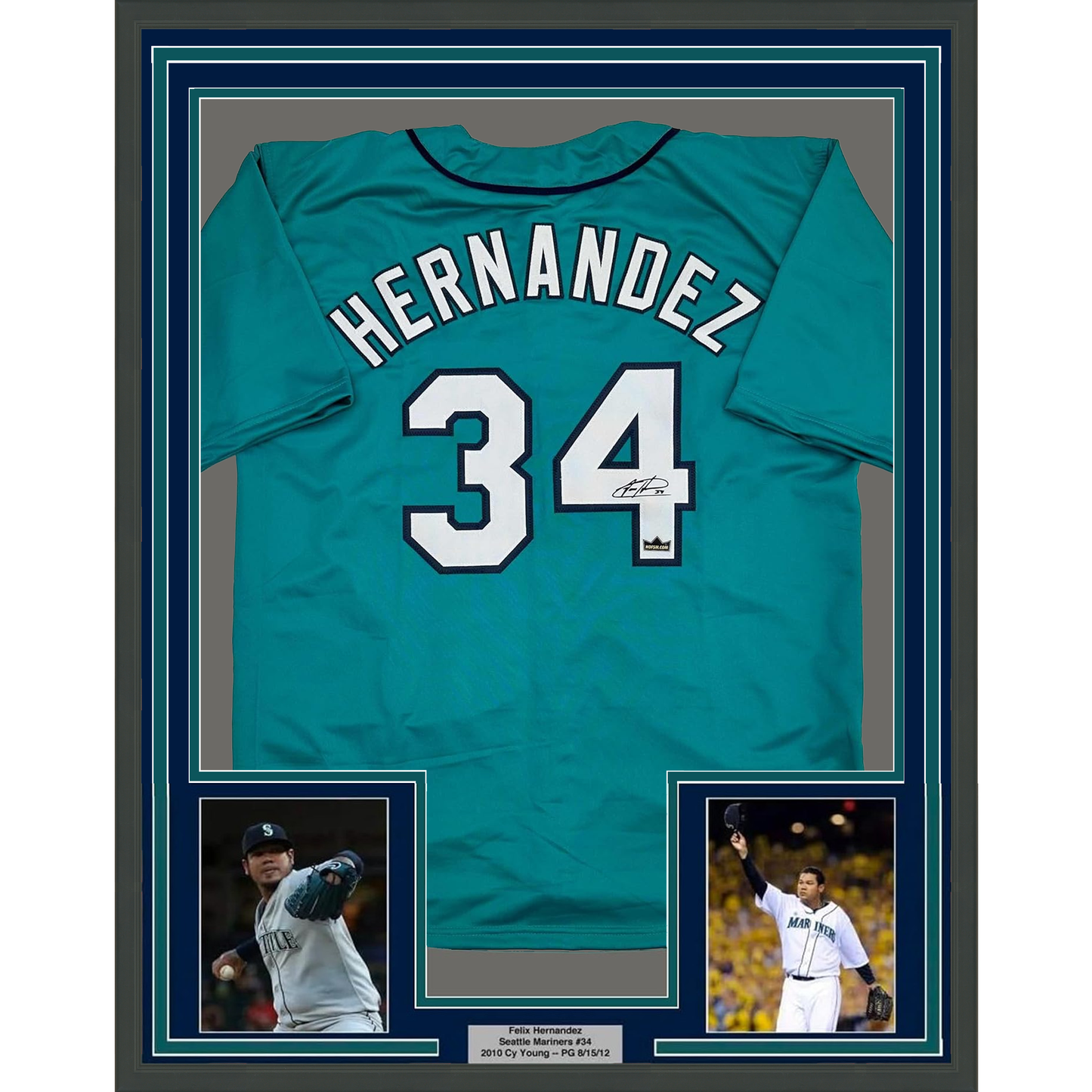Framed Facsimile Autographed Felix Hernandez 35x39 Seattle Teal Reprint Laser Auto Baseball Jersey