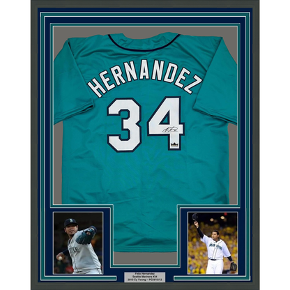 Framed Facsimile Autographed Felix Hernandez 35x39 Seattle Teal Reprint Laser Auto Baseball Jersey
