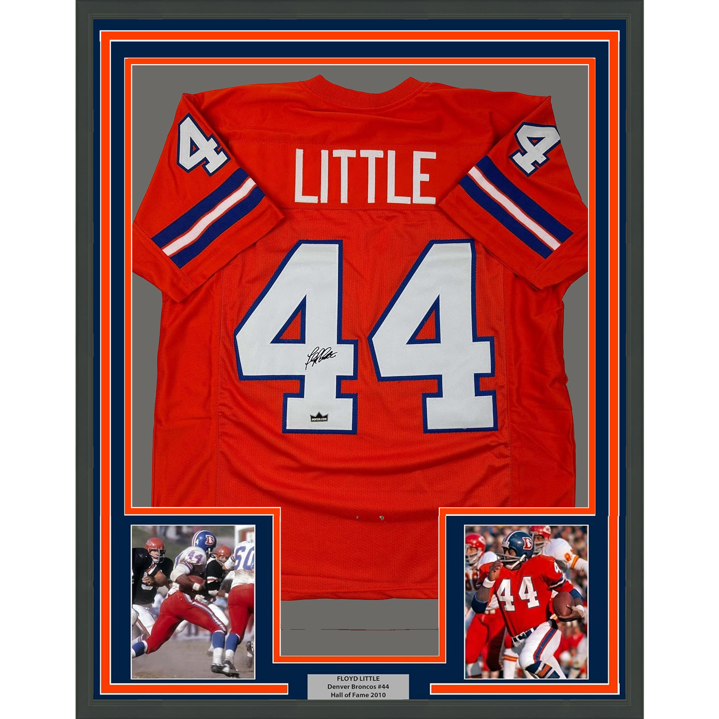 Framed Facsimile Autographed Floyd Little 35x39 Denver Orange Reprint Laser Auto Football Jersey