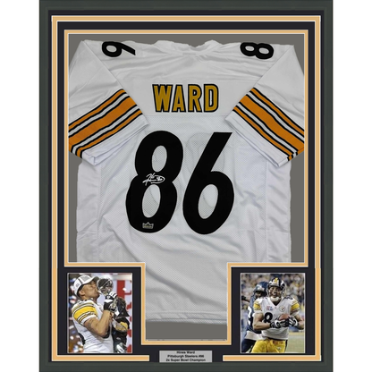 Framed Facsimile Autographed Hines Ward 35x39 Pittsburgh White Reprint Laser Auto Football Jersey
