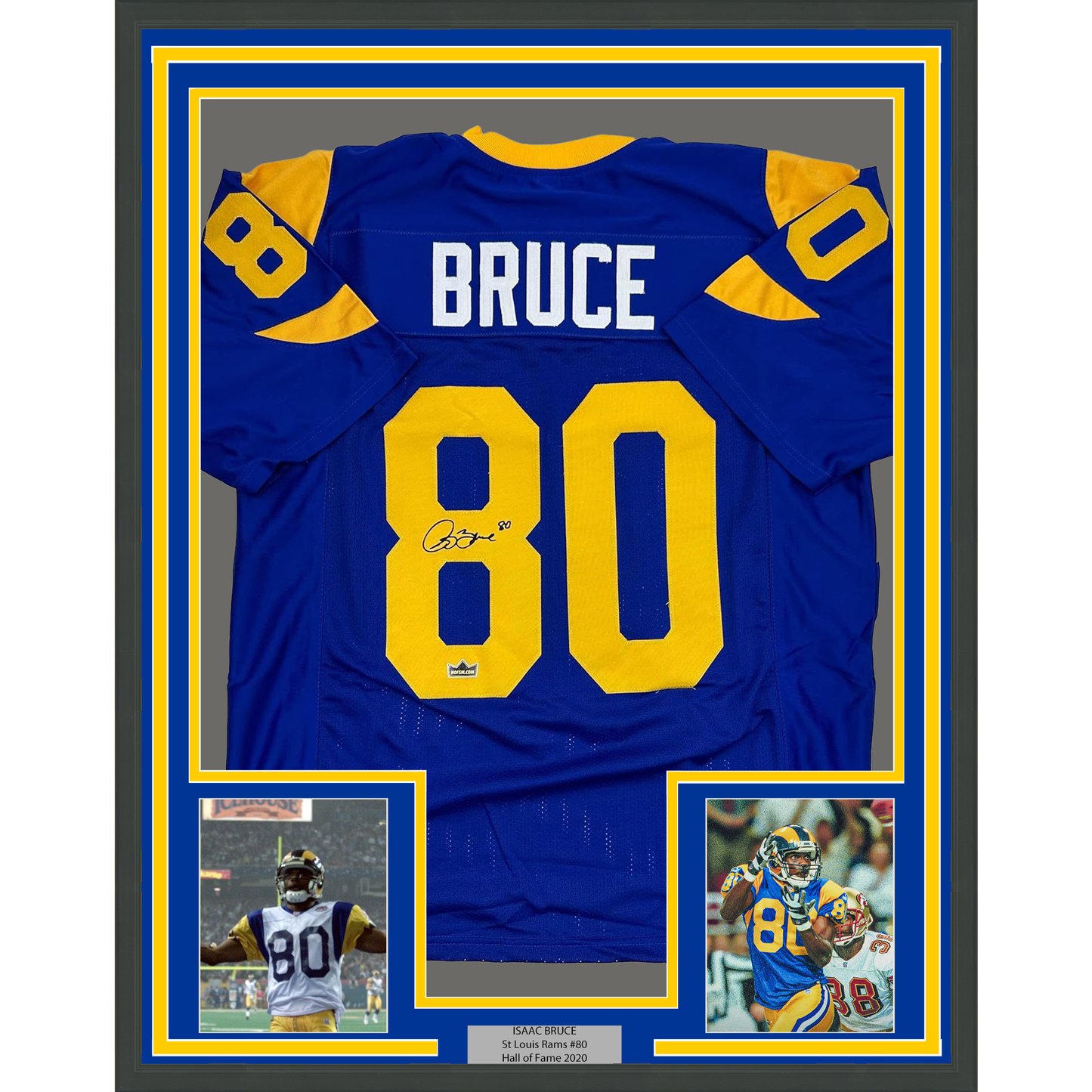Framed Facsimile Autographed Isaac Bruce 35x39 St. Louis Royal Blue Retro Reprint Laser Auto Football Jersey