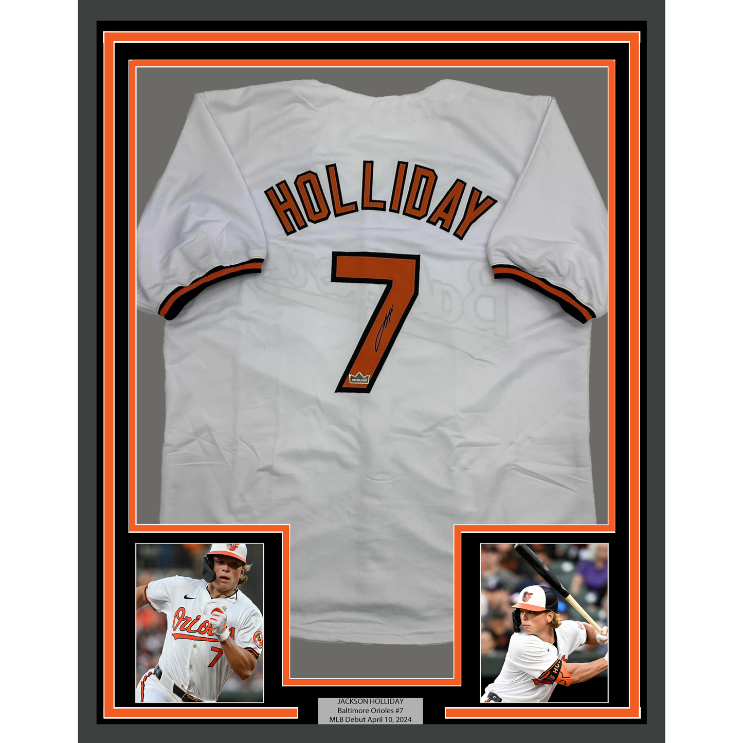 Framed Facsimile Autographed Jackson Holliday 35x39 Baltimore White Reprint Laser Auto Baseball Jersey