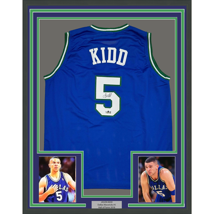 Framed Facsimile Autographed Jason Kidd 35x39 Dallas Blue Reprint Laser Auto Basketball Jersey