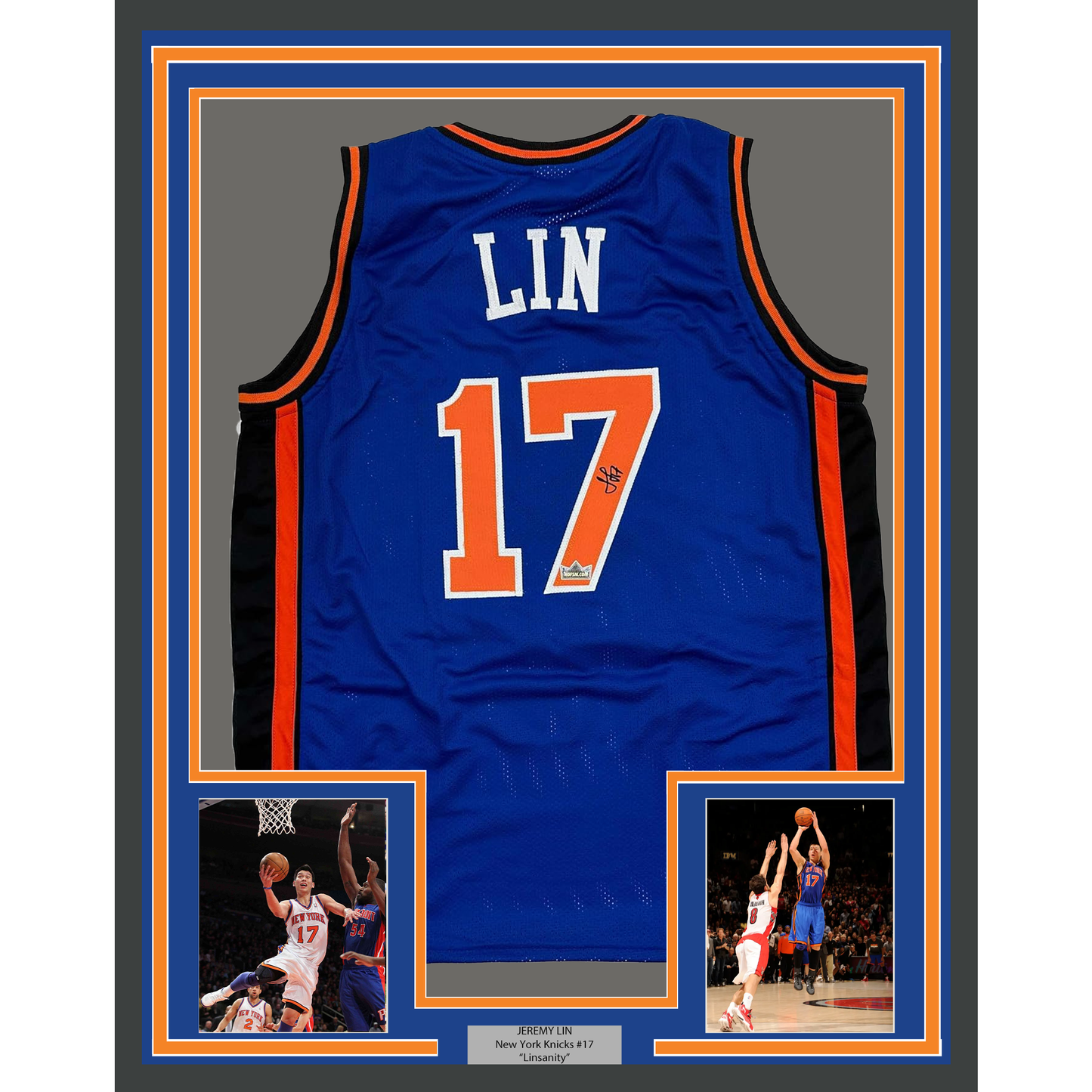 Framed Facsimile Autographed Jeremy Lin 35x39 New York Blue Reprint Laser Auto Basketball Jersey
