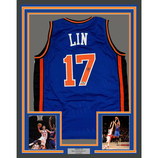 Framed Facsimile Autographed Jeremy Lin 35x39 New York Blue Reprint Laser Auto Basketball Jersey