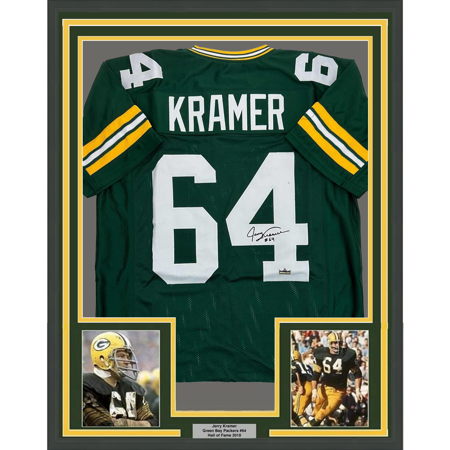 Framed Facsimile Autographed Jerry Kramer 35x39 Green Bay Green Reprint Laser Auto Football Jersey