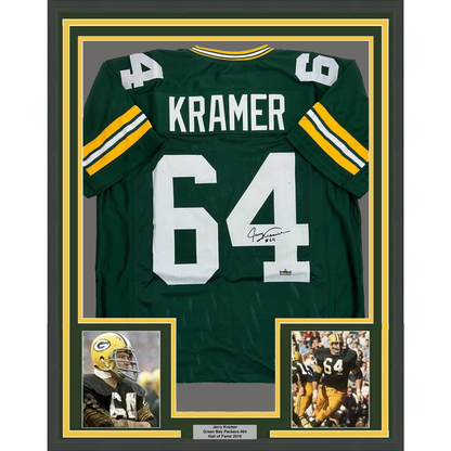 Framed Facsimile Autographed Jerry Kramer 35x39 Green Bay Green Reprint Laser Auto Football Jersey
