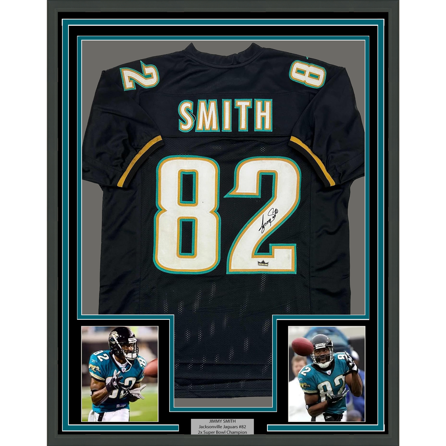 Framed Facsimile Autographed Jimmy Smith 35x39 Jacksonville Black Reprint Laser Auto Football Jersey