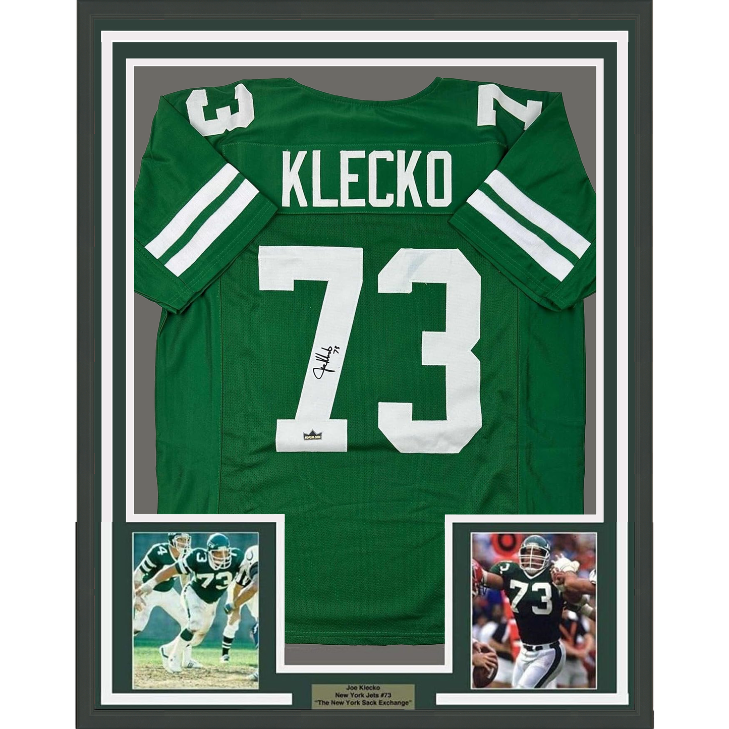 Framed Facsimile Autographed Joe Klecko 35x39 New York Green Reprint Laser Auto Football Jersey