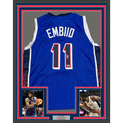 Framed Facsimile Autographed Joel Embiid 35x39 2024 United States Team USA Blue Reprint Laser Auto Basketball Jersey