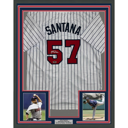 Framed Facsimile Autographed Johan Santana 35x39 Minnesota Pinstripe Reprint Laser Auto Baseball Jersey